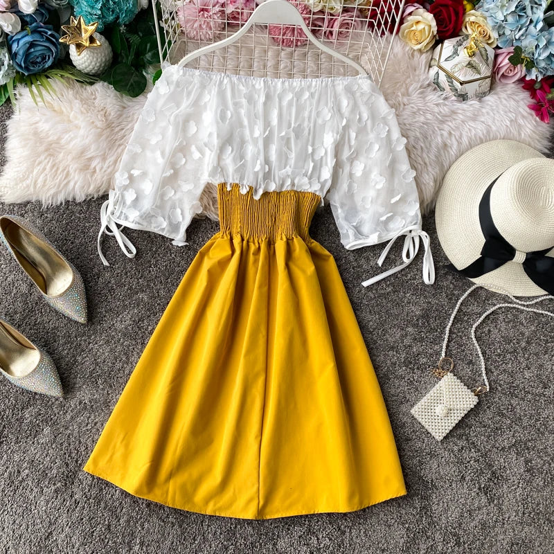 Summer Women's Dress Sexy Off Shoulder Patchwork Party Flower Chiffon Waist Lace Up Beach Short Dresses