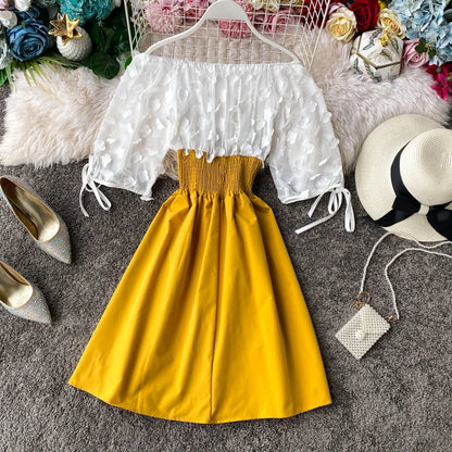 Summer Women's Dress Sexy Off Shoulder Patchwork Party Flower Chiffon Waist Lace Up Beach Short Dresses