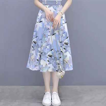 Floral Print Chiffon Dr Set Women's Summer Faion Slimming ular f-length Skirt Two-piece Set round Ne ort Sve