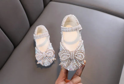 Girls Shoes Bling Single Shoes for Stage Performance Mary Janes Bow Crystal Glitter Wedding Flats Dance Party Leather Shoes New