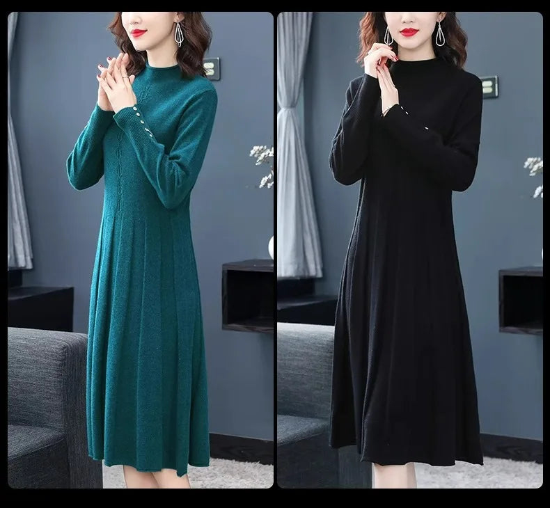 Knitted Coat Dress for Women Autumn Winter Sweater Dress Mid-length Over the Knee Temperament Western Style Inner Layering Skirt