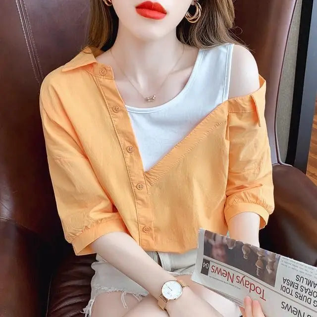 Sexy oulder Bared Fake Two-Piece irt Women's Summer New Faion Small Design ort Sve Top Korean Sle Loose Fit