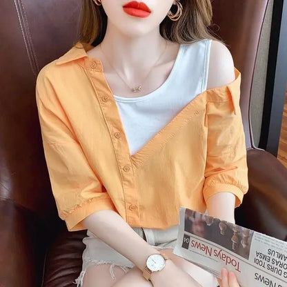 Sexy oulder Bared Fake Two-Piece irt Women's Summer New Faion Small Design ort Sve Top Korean Sle Loose Fit