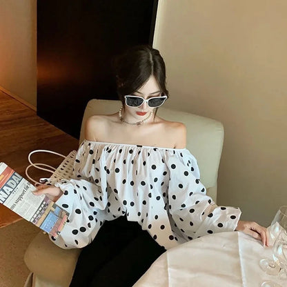 JOEVILU Polka Dot Shirt Off Shoulder Bubble Sleeve Tops Women's White Loose Simple Top French Casual Blouse In Spring and Summer