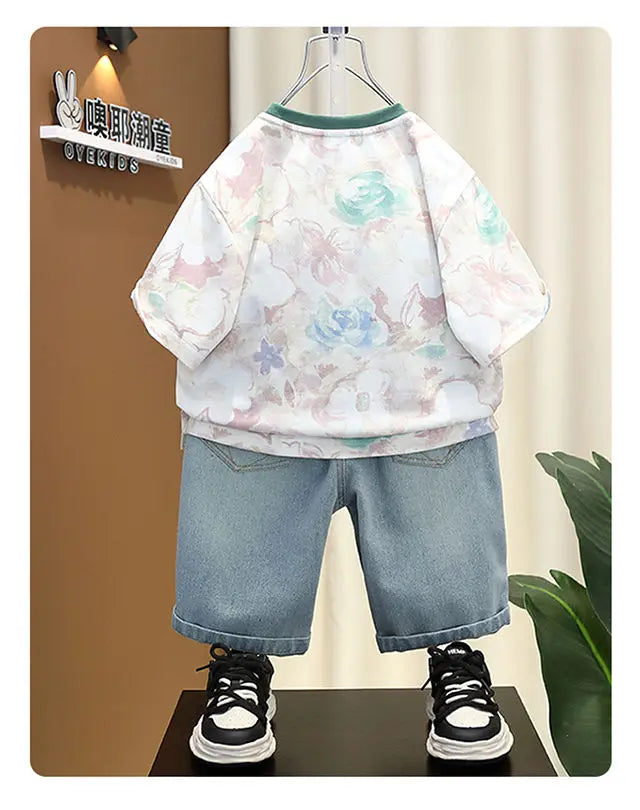 New Children's Printed Thin T-shirt+ hole Denim Shorts Teenager Boys Summer Fashion outfits