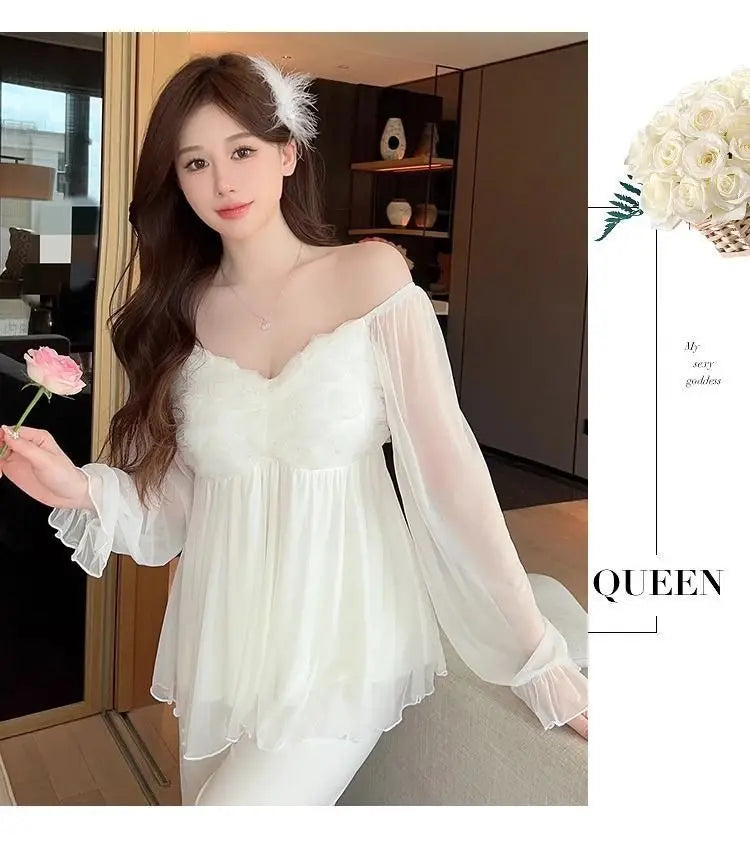 New Hot Luxury Elegant Long Sleeve Pajamas Set With Padded Bra Mesh Plus Size Women For Home Spring Autumn Summer Loungewear