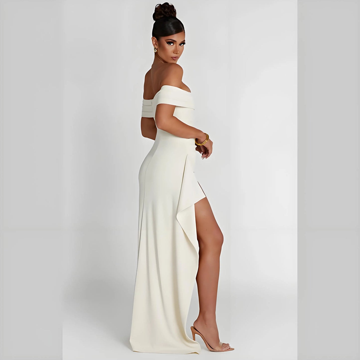 Elegant Evening Dress Pure Color Off-Shoulder Women's Sexy High Waist Side Slit Long Dress Formal Mcxi Women's Party Evening Dress