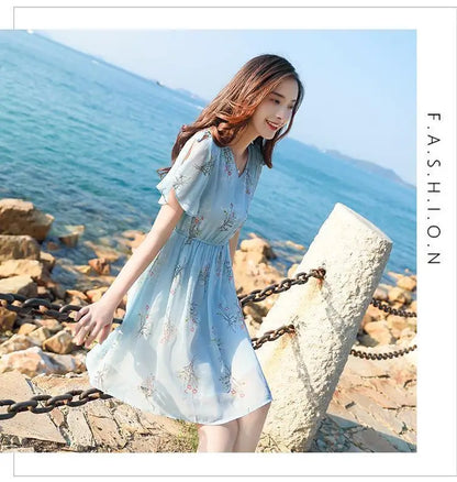 Sweet V-Neck Printing Shirring Bow Chiffon Floral Dress Female Clothing Summer New Loose Butterfly Sleeve Princess Dress