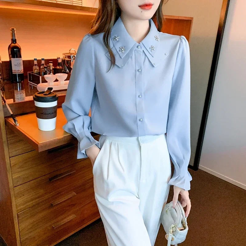 Elegant Long Sleeve Chiffon Shirts Women Autumn Winter Fashion White Blusa Feminina Korean Style Office Ladies Tops Blouses