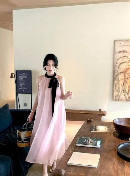 Women's Pink Halter Neck Maxi Dress With Black Bow Detail Sheer Chiffon Flowy Resort Party Dress