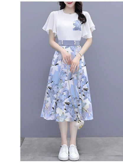 Floral Print Chiffon Dr Set Women's Summer Faion Slimming ular f-length Skirt Two-piece Set round Ne ort Sve