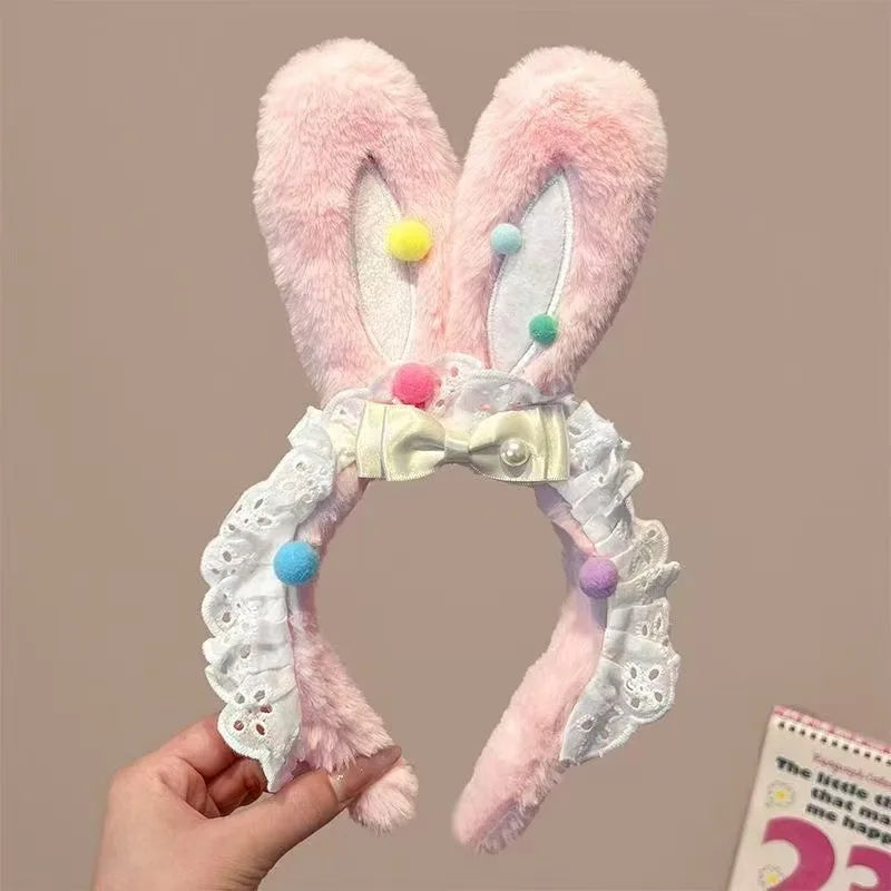 New cute plush headband with bow & rabbit ears,lace trim for delicacy.Soft skin-friendly,no hair damage.Perfect for washing face