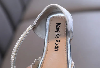 Children Spring Summer Korean Version Dance Shoes Girls Pearl Show Shoes Girl Rhinestone Princess Lace Leather Shoes Solid Color