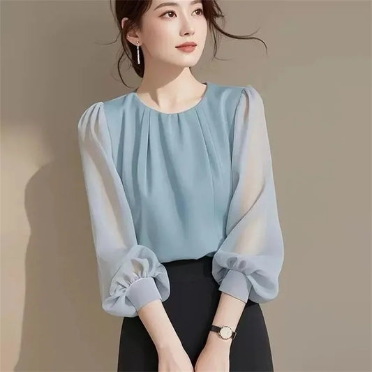 Autumn Winter Ladies Solid Color Blouse Jacket 2025 Female Long Sleeves Tops Coat Korean Women Fashion Round Neck Chiffon Shirt