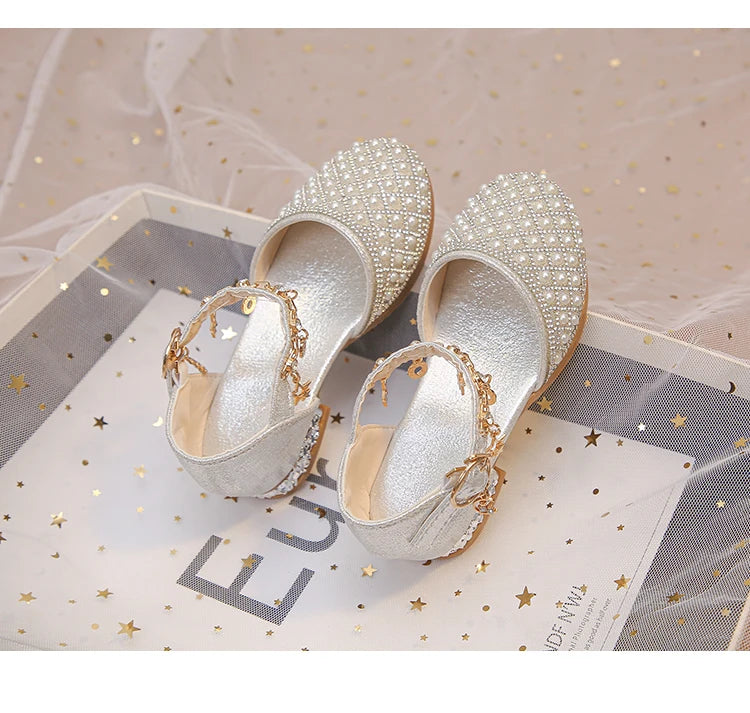 Girls High Heeled Shoes for Wedding Party Glitter Rhinestone Pendants Shiny Glitter Fashion Princess Kids Leather Dress Shoes