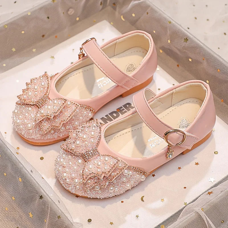 Fashion Girl Glitter Shoes Kids Flat Shoes Sequins Rhinestone Pearl Princess Bowknot Leather Shoes for Student Performance Party