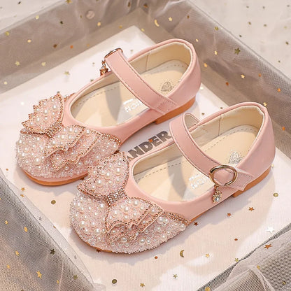 Fashion Girl Glitter Shoes Kids Flat Shoes Sequins Rhinestone Pearl Princess Bowknot Leather Shoes for Student Performance Party