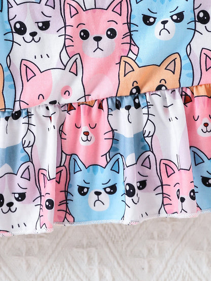 Girls' Summer Dress, Fashionable and Stylish, Elastic Off-The-Shoulder Design, Cartoon Cat Print, Knee-Length Skirt, Little Girl's Summer Casual and Versatile Clothing