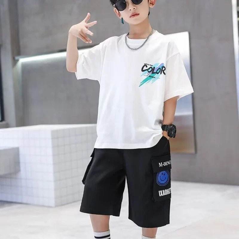 Summer 100% Cotton Boys Blue T-shirt Cool Graffiti Printed Girls Tees Short Sleeve Children Tops High Quality Kids Clothes