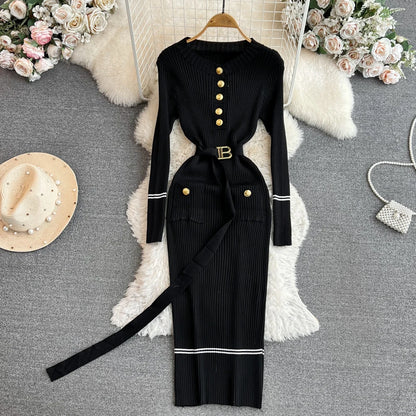 Women Dress 2025 Autumn Winter Elegant Rib Knit Long Pencil Dress with Belt Office Lady Bodycon Sweater Dress Vestidos