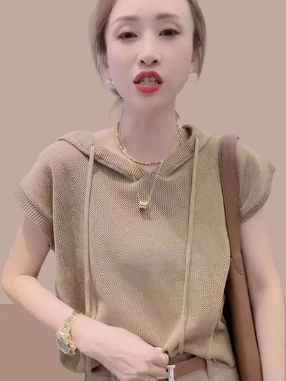 Hooded Knitted Ice Silk ort Sve T-irt Casual Versatile Retro Women's Summer Faion Top Breathable Comfortable round Ne
