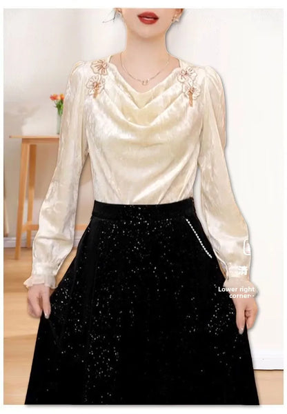 Faionable Floral Patchwork Long Sve irt Women's Winter Luxury Sle Ele Top French Sle Loose Fit Polyester Fiber