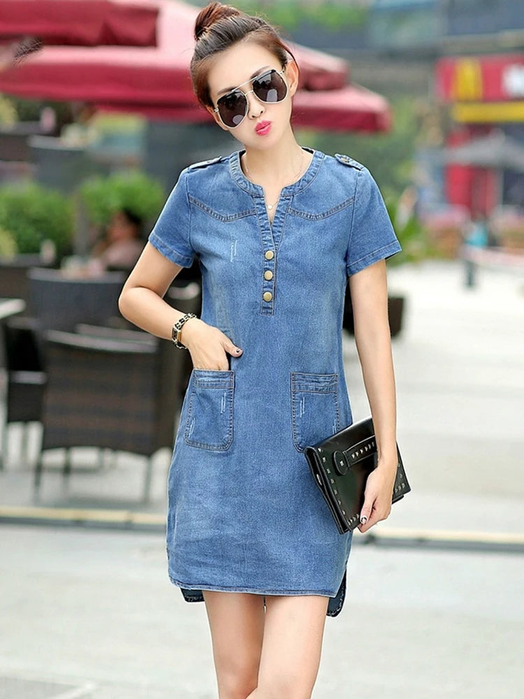 Summer Fashion Women Denim Dresses Casual Short Sleeves V-neck Mini Dresses Elegant Solid Office Ladies Dresses Robe