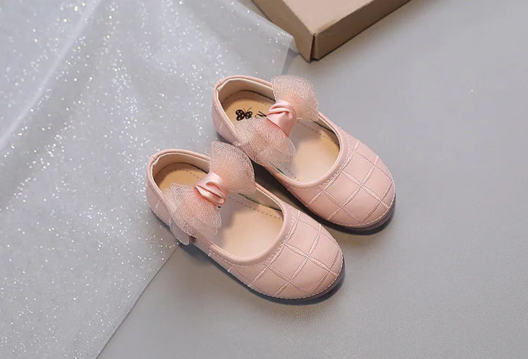 Korean Style Kids Solid Color Embroidered Leather Shoes Girls Big Bow Mesh Flower Princess Flat Dance Shoes