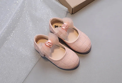 Korean Style Kids Solid Color Embroidered Leather Shoes Girls Big Bow Mesh Flower Princess Flat Dance Shoes
