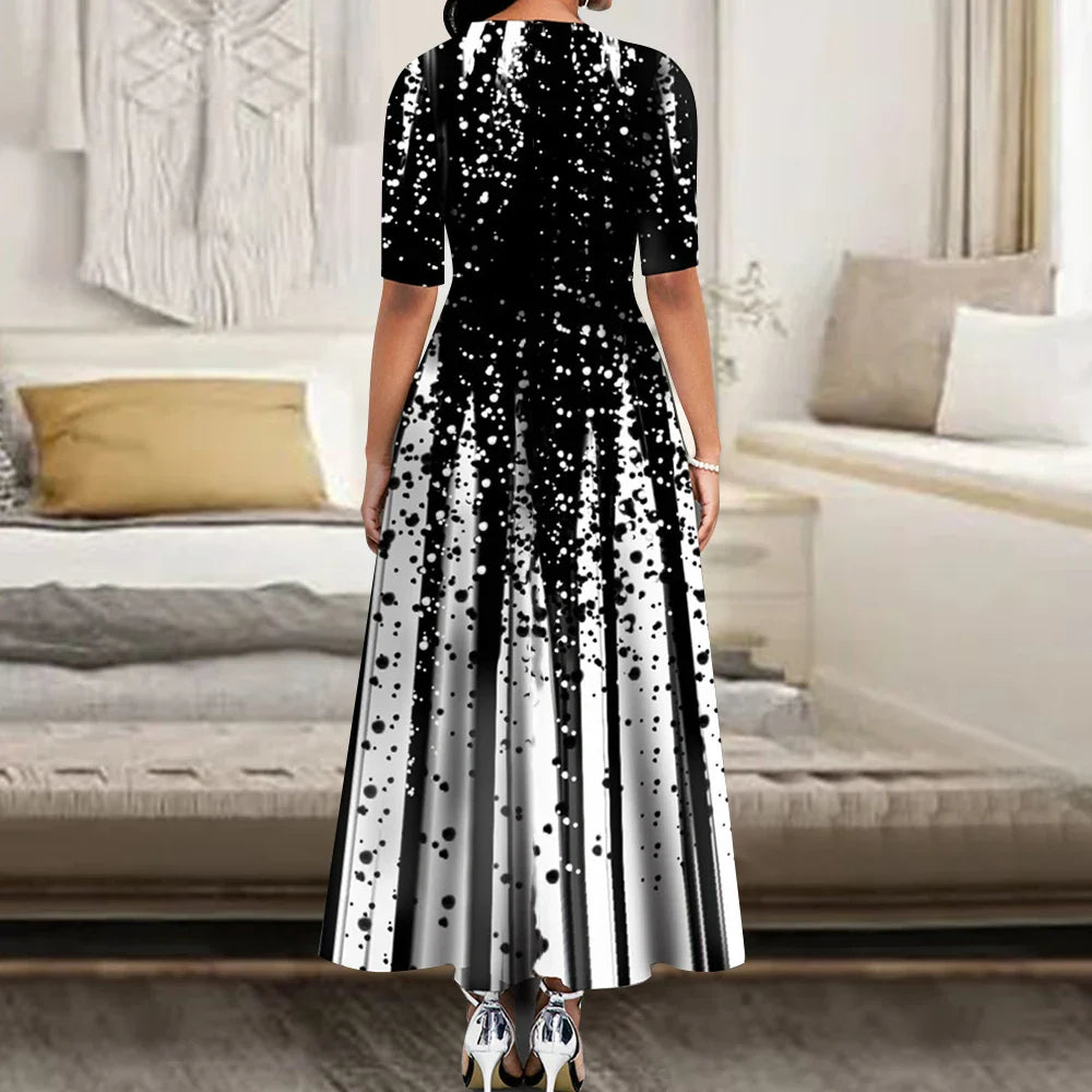 Women's Elegant Party Long Dresses Loose Round Neck Short Sleeves Retro Printed Casual Long Dress  (Available)