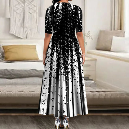 Women's Elegant Party Long Dresses Loose Round Neck Short Sleeves Retro Printed Casual Long Dress  (Available)