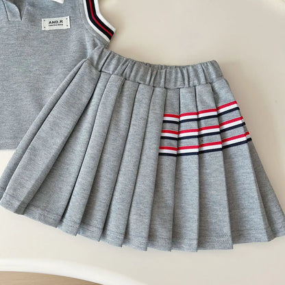 Baby Girl College Style Summer 2PCS Clothes Set Polo Collar Kid Girl Vest Top Set Thin Stylish Stripe Pleated Skirt Belle Outfit
