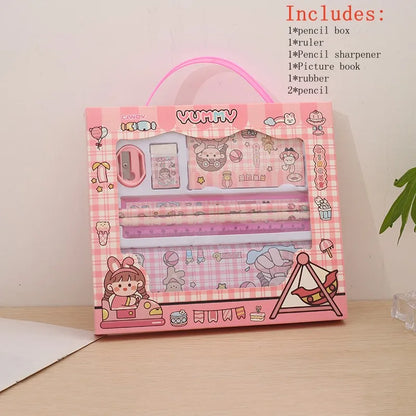 Stationery Gift Cartoon  Student Stationery Set Pencil Eraser Ruler Pencil Sharpener Pencil Case Drawing Book Multifunction