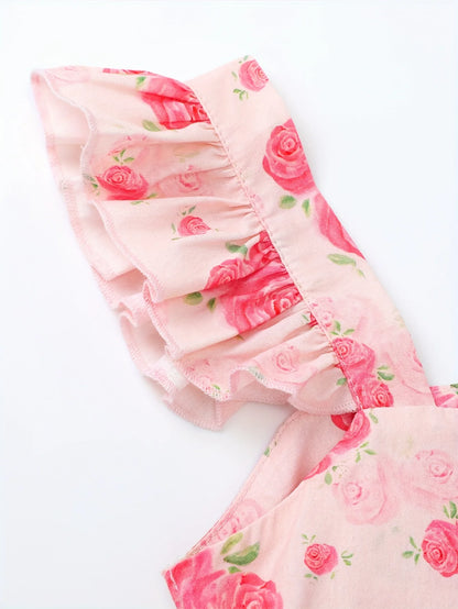 Girls Rose Print Dress Ruffled Flutter Sleeve Back Bow Design Pink Floral Party Dress for Toddler Kids Casual Outdoor Outfit