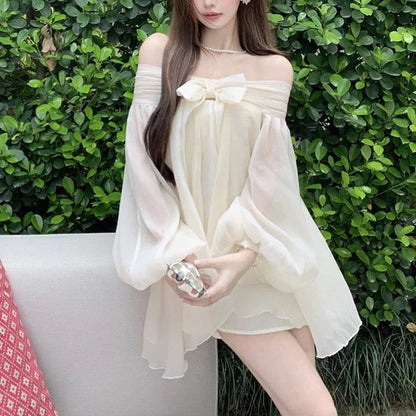 Bow Slash Neck Vestidos Off Shoulder Dress Sexy Sweet Vestido Fairy Mini Loose Dresses Spring 2026 New Long Sleeve Ropa Mujer