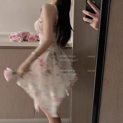 Hotsweet Style Flower Dress Chiffon Strap Temptation Sexy Elastic Waist Irregular Temperament Sweet Girl Perspective Dresses FJ8