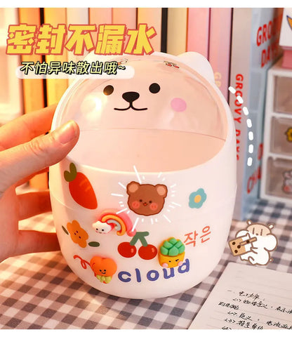 Mini Desktop Trash Can Organizer Cute Bear Multifunction Creative Cosmetic Bucket with Lid Pen Holder Kawaii Stickers Patchers