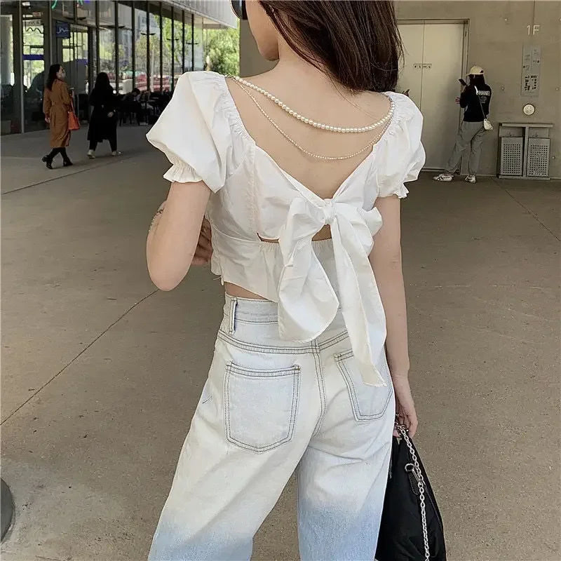 2025 Fashion New Pearl Chain Shirt Women Summer French Bow Backless White Blouse Sweet Puff Sleeve Crop Top Female