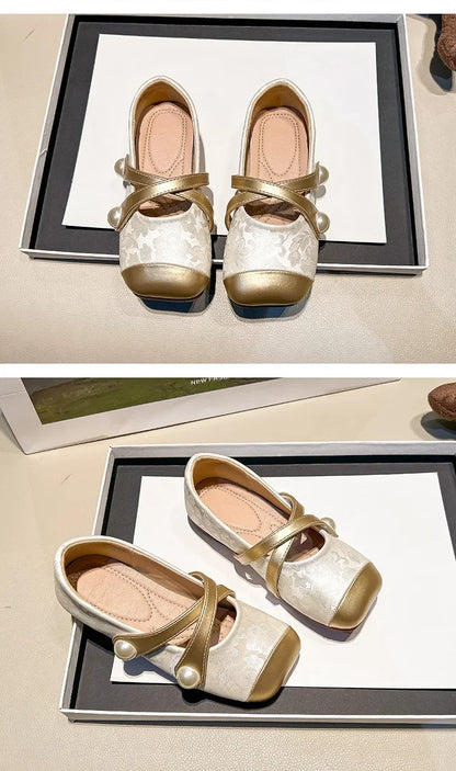 Spring Autumn Chinese Style Pearl Small PU Shoes Retro Versatile Girls Square Head Shallow Mouth Flats