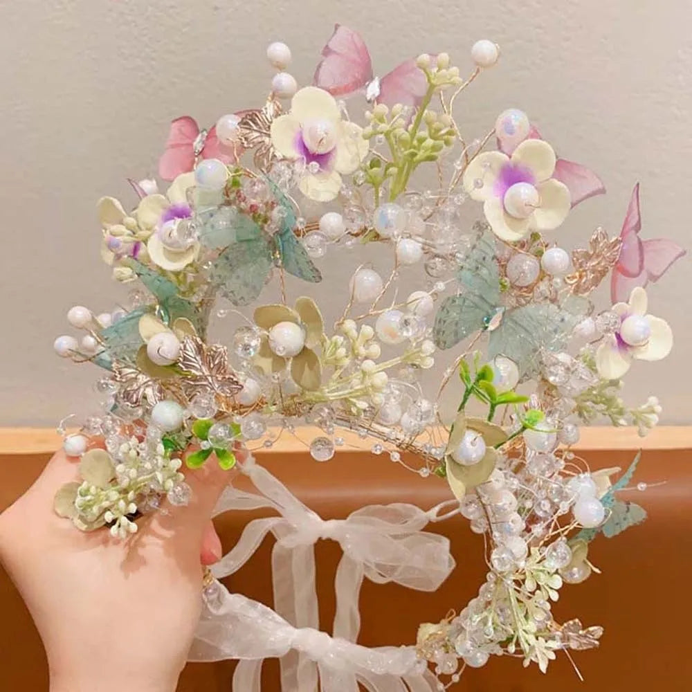 Butterfly Fairy Hair Hoop Beads Simulation Flower Flower Headdress Hair Ornaments Adjustable Wreath Headband