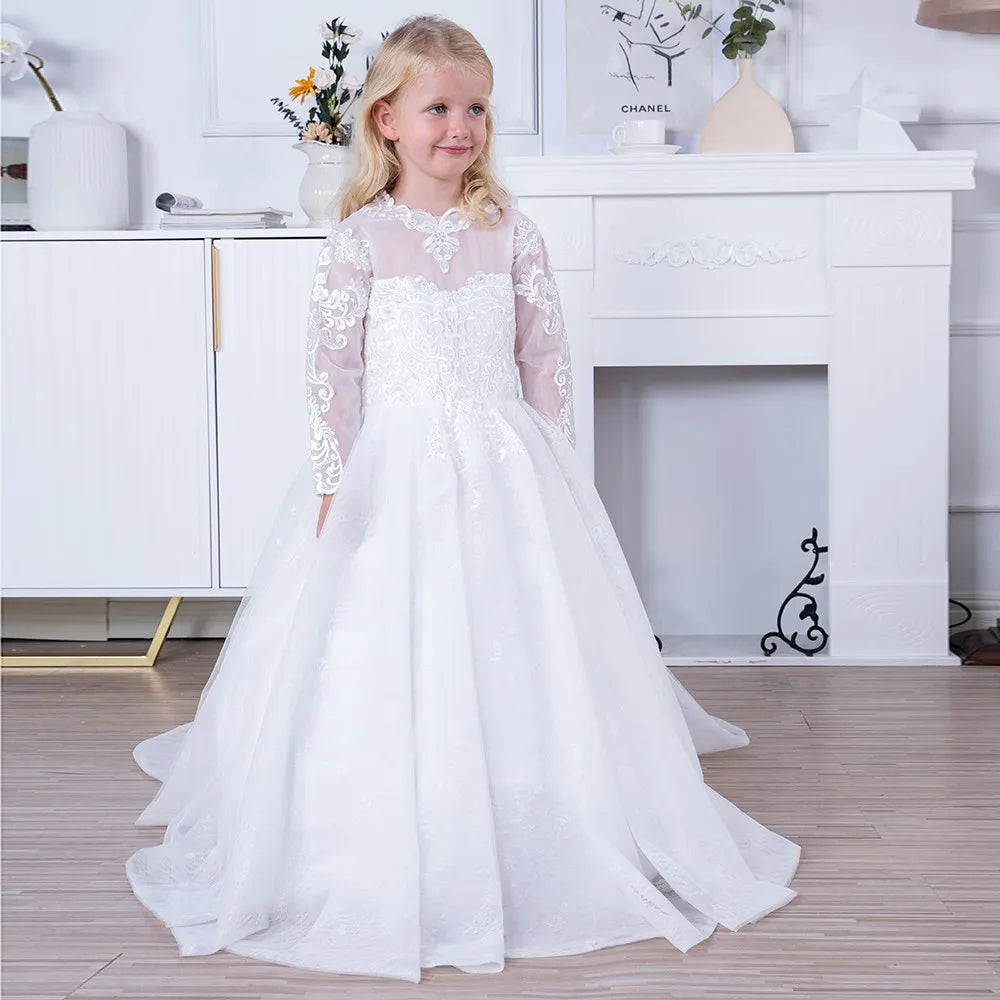 A Line Girl Lace Appliques Princess Wedding Party Flower Girls Dresses Vintage Gown With Bow Kids First Communion Ball Gown