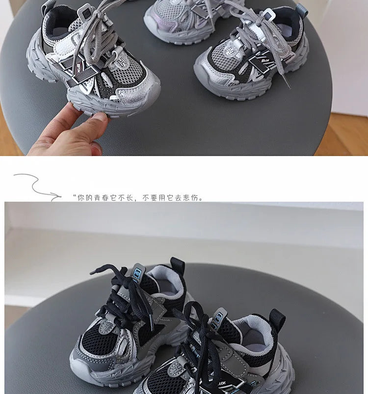 Children Sport Shoes Spring Autumn Kids Sneakers Soft Breathable Mesh Shoes Boys Girls Lace-up Running Shoes Gray, Black
