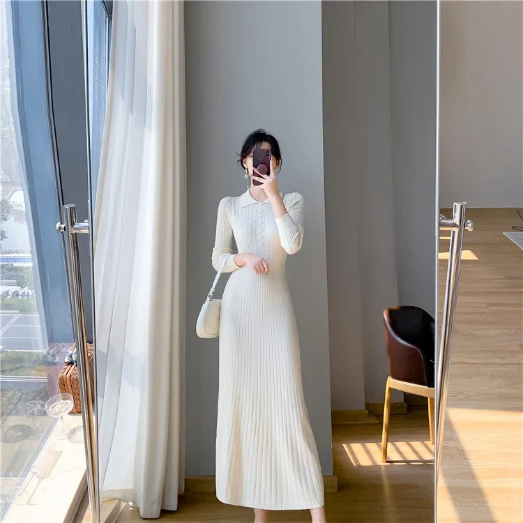 Sweater Dress Women New  Autumn Winter Purple White Or Black High Waist A Line Dress Elegant Long Knitted Dress (Available)