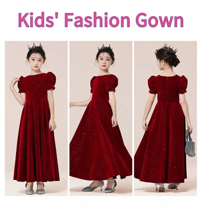 Kids Party Dress Clothing For Birthday Princess  Wine Red Piano Wedding Flower Girl 5-17 Years Old  Host Children's Formal Dress