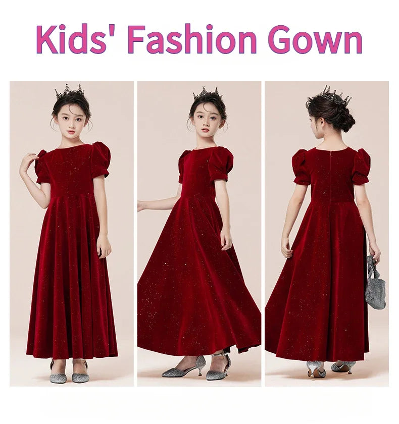 Kids Party Dress Clothing For Birthday Princess  Wine Red Piano Wedding Flower Girl 5-17 Years Old  Host Children's Formal Dress