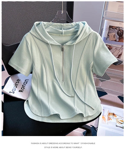 Summer New Women's Zipper Hoodie ort Sve T-irt Pure Cotton Slim Fit ort Fibone Top Korean Sle Commute Faion