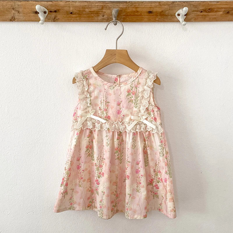 Girls Flower Dress Summer Retro Flying Sleeve Princess Dresses Children Casual Clothes 2-6Yrs Kids Pink Flower Bow Party Dress