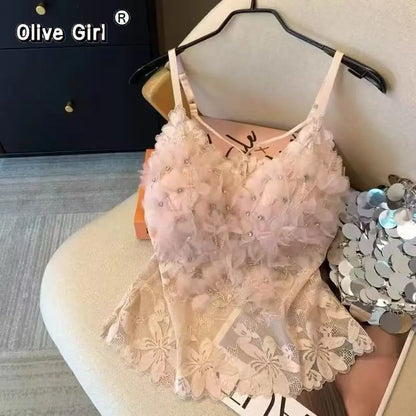 Olivegirl Women's Camis Strap Vest Mint Green Stamping Flower Lace 2026 Spring Summer Sweet Mesh Top with Chest Cushion Bra
