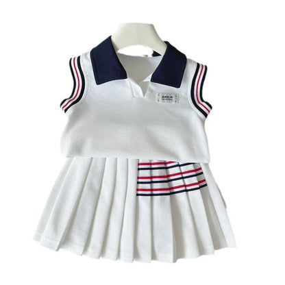 Baby Girl College Style Summer 2PCS Clothes Set Polo Collar Kid Girl Vest Top Set Thin Stylish Stripe Pleated Skirt Belle Outfit