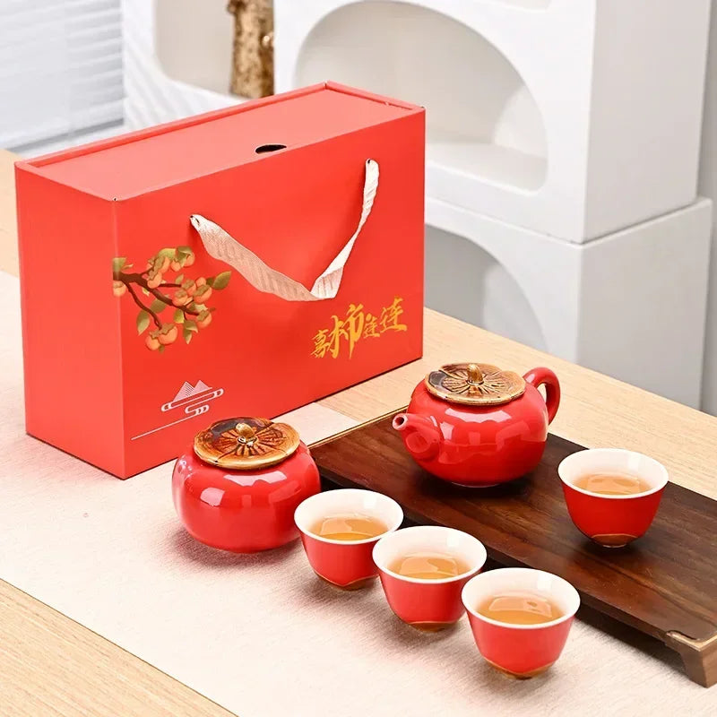 Auspicious Red Ceramic Tea Set Gift Box - Chinese New Year Wedding Corporate Gifts, Good Fortune Design Teapot & Cups